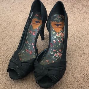 Black silk peep-toe heels